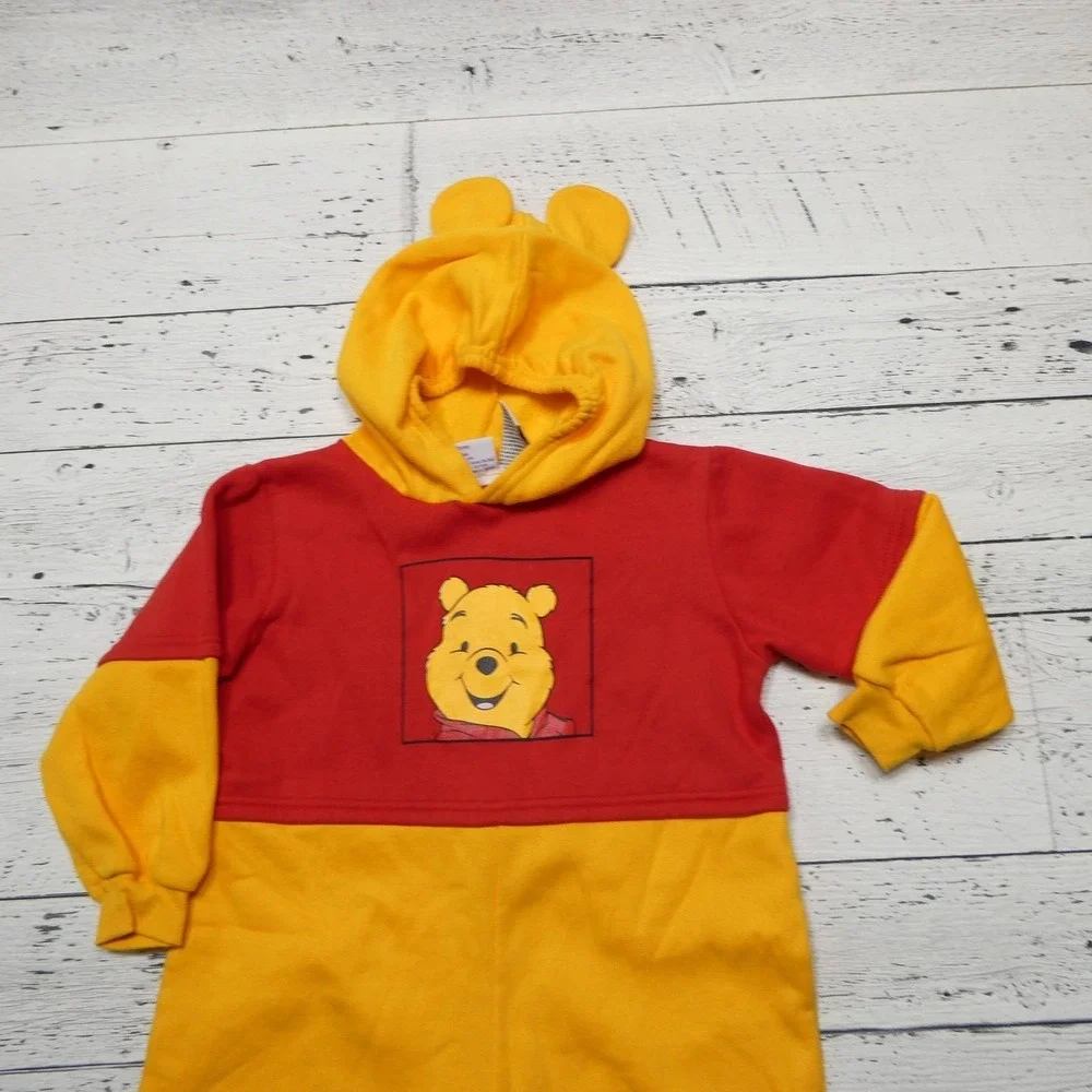 Vintage Winnie The Pooh Pajamas Toddler 4T Yellow Red Hooded Fleece One Piece